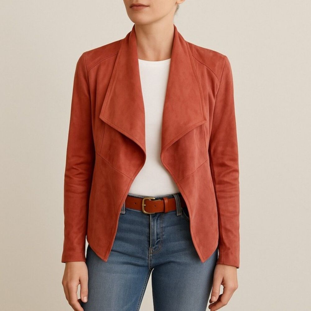 BB Dakota Wade Faux Suede Open Front Lagenlook Jacket Cinnamon Rust Size Medium